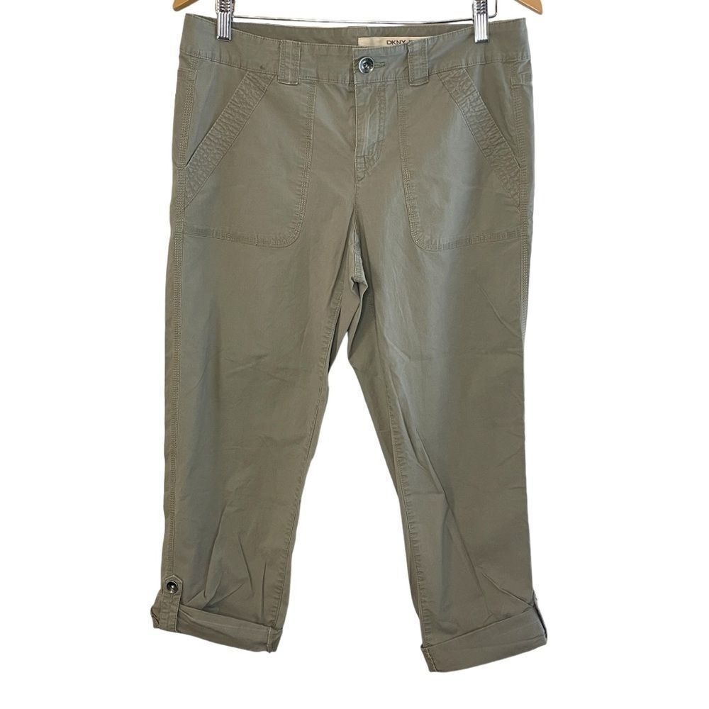 VINTANGE DKNY JEANS Lightweight Olive Green Roll Tab Ankle Pant, Size 8‎